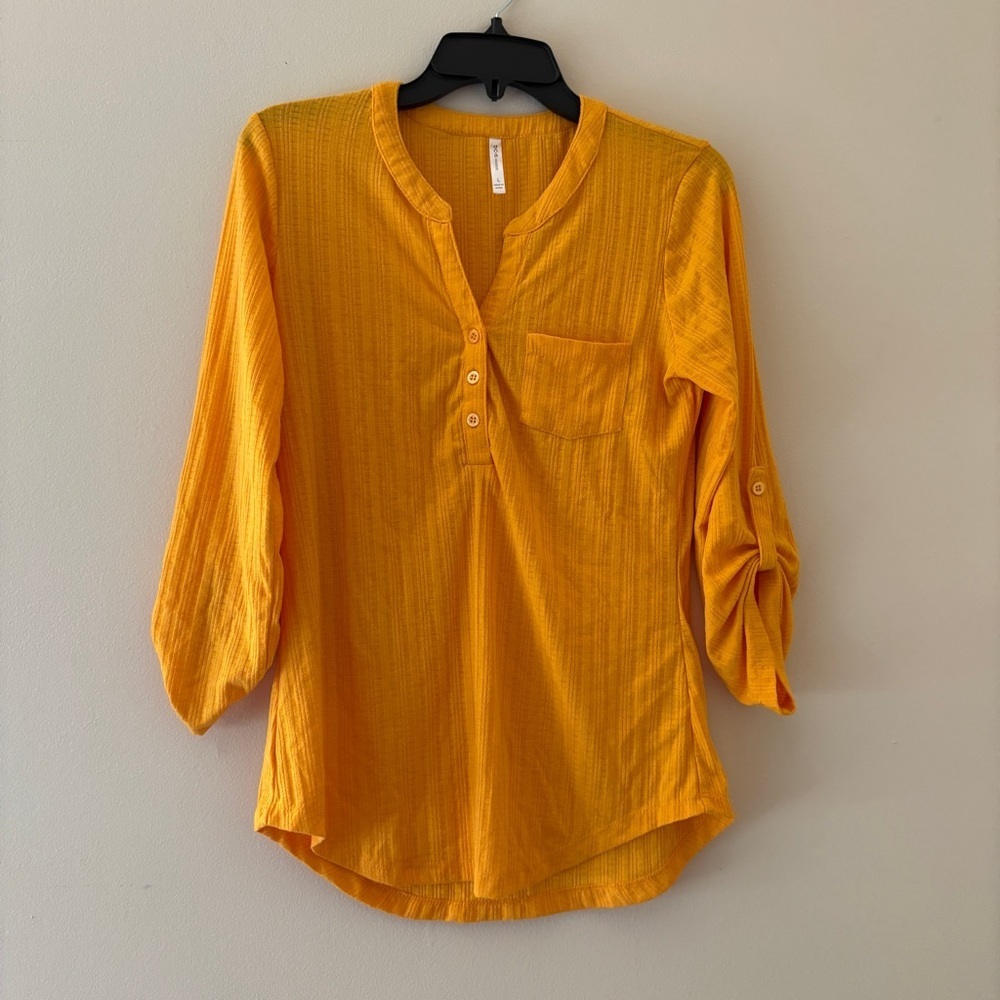 DNA Couture Mustard Gauze Henley Top Large Roll Tab Sleeve Pocket Blouse